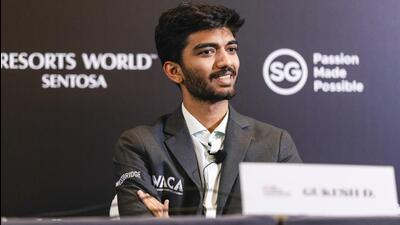 India's D Gukesh at a press conference after his match against Ding Liren of China at the FIDE World Championship 2024 in Singapore. (PTI) India's D Gukesh at a press conference after his match against Ding Liren of China at the FIDE World Championship 2024 in Singapore. (PTI)