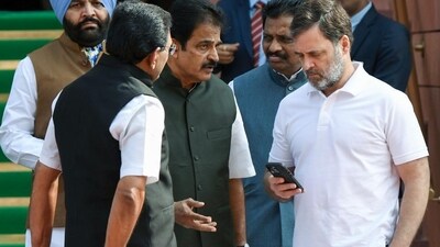 Lok Sabha LoP Rahul Gandhi and Congress leader interacts with MP KC Venugopal at Parliament complex on Wednesday (ANI) Lok Sabha LoP Rahul Gandhi and Congress leader interacts with MP KC Venugopal at Parliament complex on Wednesday (ANI)