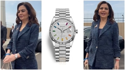 Nita Ambani wears a Rolex Day-Date watch. Nita Ambani wears a Rolex Day-Date watch.