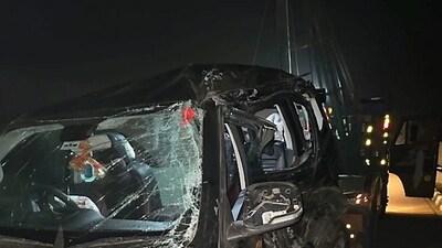 Wreckage of a car being towed away after an accident at the Agra-Lucknow Expressway, in Kannauj district. (PTI) Wreckage of a car being towed away after an accident at the Agra-Lucknow Expressway, in Kannauj district. (PTI)
