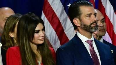 Kimberly Guilfoyle and her partner Donald Trump Jr. listen to former US President and Republican presidential candidate Donald Trump speak an election night event at the West Palm Beach Convention Center in West Palm Beach, Florida, early on November 6, 2024. (AFP / Jim WATSON) Kimberly Guilfoyle and her partner Donald Trump Jr. listen to former US President and Republican presidential candidate Donald Trump speak an election night event at the West Palm Beach Convention Center in West Palm Beach, Florida, early on November 6, 2024. (AFP / Jim WATSON)