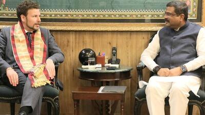 Union education minister Dharmendra Pradhan with his Moldovan counterpart Dan Perciun in New Delhi on Tuesday. (Photo from X) Union education minister Dharmendra Pradhan with his Moldovan counterpart Dan Perciun in New Delhi on Tuesday. (Photo from X)