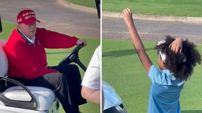 The clip shows Trump driving around in a golf buggy when he drives by a Black girl who waves at him as he got closer. (X/@patriottakes) The clip shows Trump driving around in a golf buggy when he drives by a Black girl who waves at him as he got closer. (X/@patriottakes)