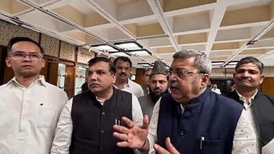 Opposition leaders, (L-R), Congress MP Gaurav Gogoi, AAP's Sanjay Singh, and TMC's Kalyan Banerjee, speak to reporters after walking out of the Waqf JPC. (ANI)