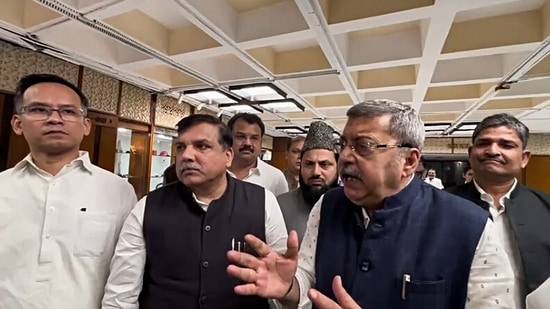 Opposition leaders, (L-R), Congress MP Gaurav Gogoi, AAP's Sanjay Singh, and TMC's Kalyan Banerjee, speak to reporters after walking out of the Waqf JPC. (ANI)