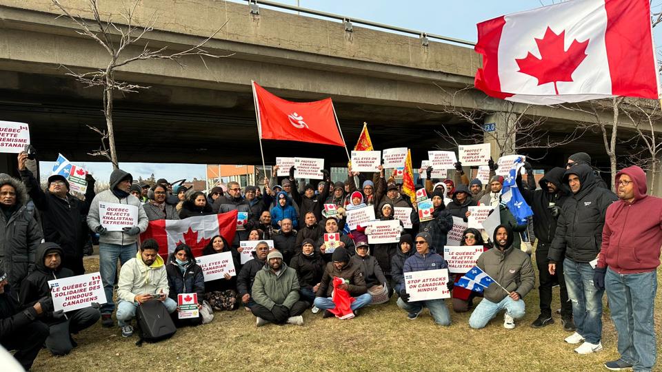 Indo-Canadians protesting against rising Hinduphobia in Canada due to pro-Khalistan radicals, outside the riding office of Prime Minister Justin Trudeau in Montreal on Sunday. (Supplied photo) Indo-Canadians protesting against rising Hinduphobia in Canada due to pro-Khalistan radicals, outside the riding office of Prime Minister Justin Trudeau in Montreal on Sunday. (Supplied photo)
