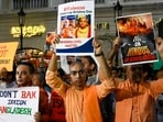 Kolkata, India - Nov. 28, 2024: Members of ISKCON, Kolkata hold a protest over arrest of ISKCON monk and Bangladeshi Hindu leader Chinmoy Krishna Das and demand his immediate release in Kolkata, India, on Thursday, November 28, 2024.  (Photo by Samir Jana/ Hindustan Times)