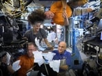 NASA astronauts Sunita Williams, Nick Hague, Barry Wilmore, and Donald Pettit unbox Thanksgiving meals, from the International Space Station (ISS), in this screen grab taken from a handout video, released on November 26, 2024. 