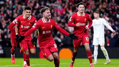 Alexis Mac Allister, celebrates after scoring the opening goal during the Champions League opening phase soccer match between Liverpool and Real Madrid at Anfield Stadium (AP) Alexis Mac Allister, celebrates after scoring the opening goal during the Champions League opening phase soccer match between Liverpool and Real Madrid at Anfield Stadium (AP)