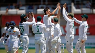 South Africa's Marco Jansen (C) celebrates with teammates after the dismissal of Sri Lanka's Pathum Nissanka (L) during the second day of the first Test (AFP) South Africa's Marco Jansen (C) celebrates with teammates after the dismissal of Sri Lanka's Pathum Nissanka (L) during the second day of the first Test (AFP)