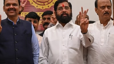 Maharashtra Chief Minister Eknath Shinde, Deputy Chief Minister Devendra Fadnavis, and Ajit Pawar celebrated their victory in the Maharashtra Assembly elections. (HT Photo) Maharashtra Chief Minister Eknath Shinde, Deputy Chief Minister Devendra Fadnavis, and Ajit Pawar celebrated their victory in the Maharashtra Assembly elections. (HT Photo)
