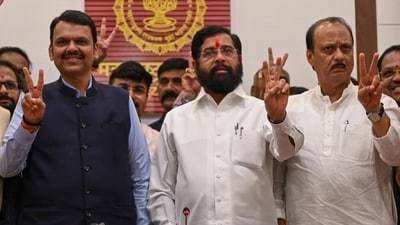 (From left) Devendra Fadnavis, Eknath Shinde and Ajit Pawar celebrate their victory in the Maharashtra assembly elections. (HT Photo) (From left) Devendra Fadnavis, Eknath Shinde and Ajit Pawar celebrate their victory in the Maharashtra assembly elections. (HT Photo)
