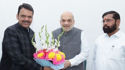 Maharashtra Chief Minister Eknath Shinde and Deputy Chief Minister Devendra Fadnavis met on Thursday with Union Home Minister Amit Shah to discuss forming a new government in the state. (PTI) Maharashtra Chief Minister Eknath Shinde and Deputy Chief Minister Devendra Fadnavis met on Thursday with Union Home Minister Amit Shah to discuss forming a new government in the state. (PTI)