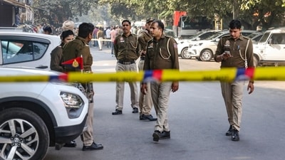 Police personnel at the site after a blast was reported near a PVR at Delhi's Prashant Vihar. (PTI)