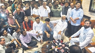 Thane, India - November 27, 2024: Eknath Shinde is seen presenting his position at a press conference at his residence in Thane ,in Thane,in Mumbai, India, on, Wednesday, November 27, 2024. ( Praful Gangurde /HT Photo )