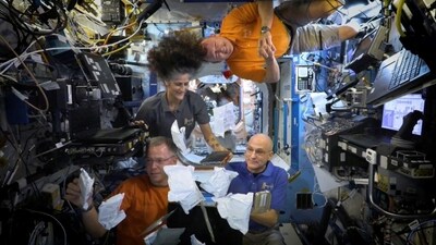 NASA astronauts Sunita Williams, Nick Hague, Barry Wilmore, and Donald Pettit unbox Thanksgiving meals, from the International Space Station (ISS), in this screen grab taken from a handout video, released on November 26, 2024. (via REUTERS)
