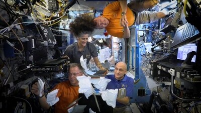 NASA astronauts Sunita Williams, Nick Hague, Barry Wilmore, and Donald Pettit unbox Thanksgiving meals, from the International Space Station (ISS), in this screen grab taken from a handout video, released on November 26, 2024. (via REUTERS)