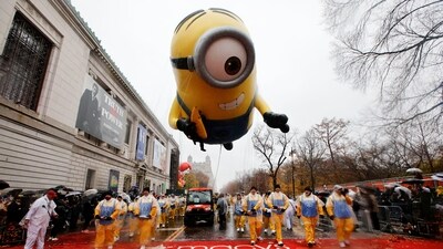 Stuart the Minion balloon flies during the 98th Macy's Thanksgiving Day Parade in New York City. (REUTERS)