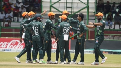 Pakistan players celebrate after taking a wicket. (AFP) Pakistan players celebrate after taking a wicket. (AFP)