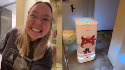 A viral video showed a robot delivering food to a hotel room in China. (Instagram/josieliftsthings) A viral video showed a robot delivering food to a hotel room in China. (Instagram/josieliftsthings)