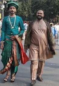 (L-R) Sonu Prajapati and Savio Mascarenhas flaunted indian attires, at this year's Delhi Queer Pride. (Photos: Manoj Verma/HT)
