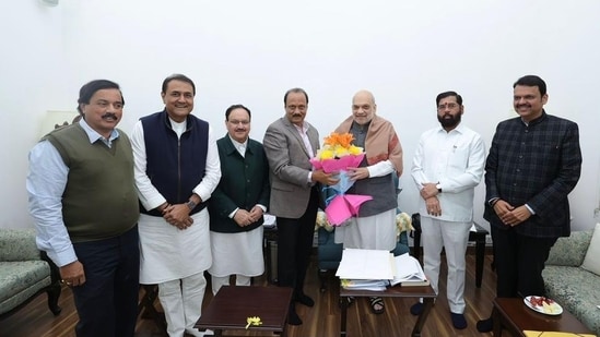 Maharashtra caretaker CM Eknath Shinde, BJP leader Devendra Fadnavis, NCP chief Ajit Pawar and other Mahayuti leaders meet Union HM Amit Shah and BJP national president JP Nadda in Delhi. Maharashtra caretaker CM Eknath Shinde, BJP leader Devendra Fadnavis, NCP chief Ajit Pawar and other Mahayuti leaders meet Union HM Amit Shah and BJP national president JP Nadda in Delhi.