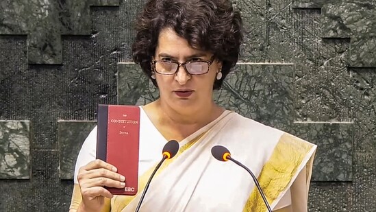Congress leader Priyanka Gandhi Vadra takes oath as a Member of Parliament in the Lok Sabha during the Winter session of Parliament, in New Delhi, Thursday, Nov. 28, 2024. (PTI)