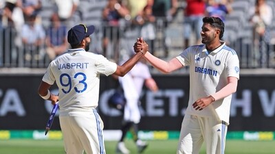 India's Harshit Rana, right, is congratulated by captain Jasprit Bumrah (AP) India's Harshit Rana, right, is congratulated by captain Jasprit Bumrah (AP)