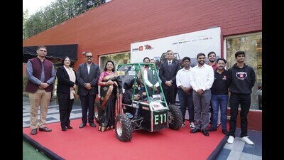 Dignitaries during virtual round of BAJA SAEINDIA at Chitkara University, Rajpura, on Friday. (HT Photo)