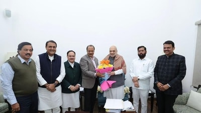 Mahayuti leaders, including Maharashtra caretaker chief minister Eknath Shinde, BJP leader Devendra Fadnavis, and NCP leader Ajit Pawar, met Union Home Minister Amit Shah on Thursday in Delhi. (PTI) Mahayuti leaders, including Maharashtra caretaker chief minister Eknath Shinde, BJP leader Devendra Fadnavis, and NCP leader Ajit Pawar, met Union Home Minister Amit Shah on Thursday in Delhi. (PTI)