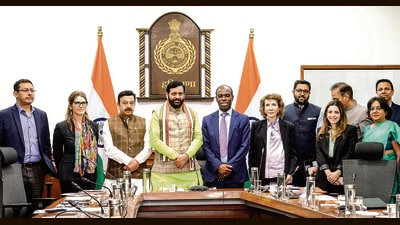 Haryana chief inister Nayab Singh Saini holds a meeting with the World Bank delegation, at civil secretariat in Chandigarh on Friday. (Nayab Saini /X)