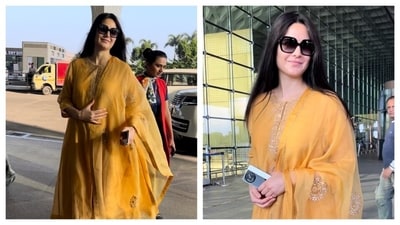 Katrina Kaif wore a yellow ethnic look to the airport in Mumbai. Katrina Kaif wore a yellow ethnic look to the airport in Mumbai.