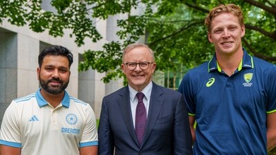 Australian Prime Minister Anthony Albanese poses for photos with India's captain Rohit Sharma and PM-XI's captain Jack Edwards during a reception hosted by the PM ahead of their two-two-day pink ball practice cricket match at Manuka Oval, Canberra. (PTI) Australian Prime Minister Anthony Albanese poses for photos with India's captain Rohit Sharma and PM-XI's captain Jack Edwards during a reception hosted by the PM ahead of their two-two-day pink ball practice cricket match at Manuka Oval, Canberra. (PTI)