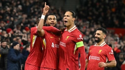 Liverpool's Dutch striker Cody Gakpo (2L) celebrates scoring the team's second goal with Liverpool's Dutch defender Virgil van Dijk during the UEFA Champions League football match vs Real Madrid (AFP) Liverpool's Dutch striker Cody Gakpo (2L) celebrates scoring the team's second goal with Liverpool's Dutch defender Virgil van Dijk during the UEFA Champions League football match vs Real Madrid (AFP)