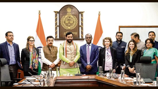 Haryana chief inister Nayab Singh Saini holds a meeting with the World Bank delegation, at civil secretariat in Chandigarh on Friday. (Nayab Saini /X)