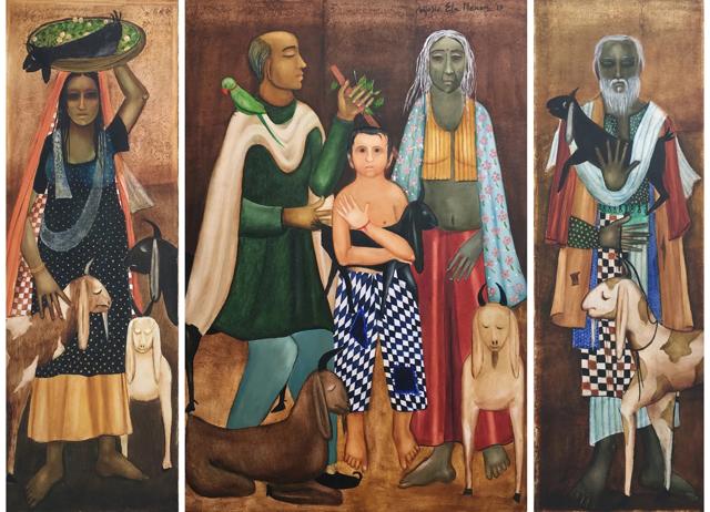 Menon’s 2017 triptych, The Goatherd, is also about the journeys ordinary people make. (IMAGE COURTESY: AICON GALLERY)