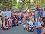 Vishva Hindu Parishad (VHP) supporters protest against the arrest of ISKCON monk Chinmay Prabhu in Bangladesh, in Birbhum on Friday. 