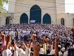 Hefazat-e-Islam supporters stage a protest after Friday prayers at Baitul Mukarram National Mosque, demanding an immediate ban on International Society for Krishna Consciousness (ISKCON) in Dhaka, Bangladesh, on November 29.