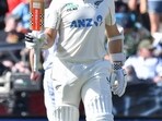New Zealand's Kane Williamson celebrates his half century (50 runs) during the third day of the first Test cricket match between New Zealand and England at Hagley Oval in Christchurch. New Zealand's Kane Williamson celebrates his half century (50 runs) during the third day of the first Test cricket match between New Zealand and England at Hagley Oval in Christchurch.