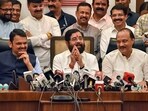 Maharashtra caretaker chief minister Eknath Shinde with deputy CMs Ajit Pawar and Devendra Fadnavis.