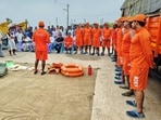 NDRF personnel conduct a community awareness programme for fishermen and boat handlers in collaboration with the Fishermen Welfare Department at Samanthanpettai, Amirtha Nagar, in Nagapattinam district, Tamil Nadu.