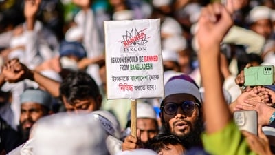 Hefazat-e-Islam supporters stage a protest demanding an immediate ban on the International Society for Krishna Consciousness (ISKCON) in Dhaka. (AP) Hefazat-e-Islam supporters stage a protest demanding an immediate ban on the International Society for Krishna Consciousness (ISKCON) in Dhaka. (AP)