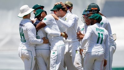 South Africa's Keshav Maharajcelebrates with teammates. (Photo by Phill Magakoe / AFP) (AFP) South Africa's Keshav Maharajcelebrates with teammates. (Photo by Phill Magakoe / AFP) (AFP)