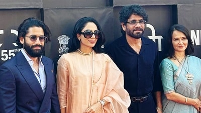 Naga Chaitanya, Sobhita Dhulipala, Nagarjuna, Amala Akkineni posed together at IFFI 2024. Naga Chaitanya, Sobhita Dhulipala, Nagarjuna, Amala Akkineni posed together at IFFI 2024.
