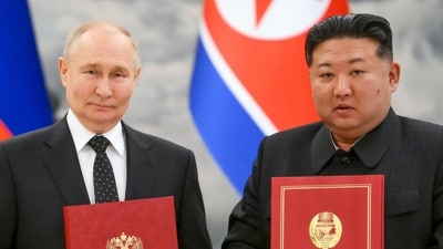 Russian President Vladimir Putin and North Korea's leader Kim Jong Un in Pyongyang, North Korea. (AP) Russian President Vladimir Putin and North Korea's leader Kim Jong Un in Pyongyang, North Korea. (AP)