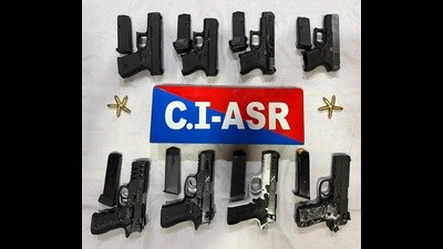 Police teams recovered a consignment of eight sophisticated pistols, including four Glock pistols (Austria made), two Turkey made 9mm pistols and two X-Shot Zigana .30 bore pistols with 10 cartridges from their possession. Police teams recovered a consignment of eight sophisticated pistols, including four Glock pistols (Austria made), two Turkey made 9mm pistols and two X-Shot Zigana .30 bore pistols with 10 cartridges from their possession.