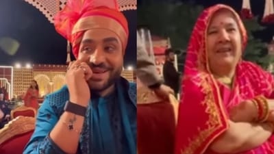 Aly Goni joked with an elderly person at an event. Aly Goni joked with an elderly person at an event.