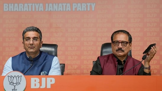 BJP Delhi unit president Virendra Sachdeva and national spokesperson Gaurav Bhatia address a press conference at the party headquarters on Saturday. (PTI)