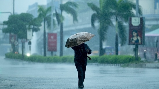 A man holds an umbrella as he walks along a street amid heavy rains ahead of a cyclonic storm in Chennai on November 30, 2024. (AFP)
