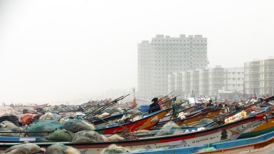 Fishing boats docked at the marina shore as Tamil Nadu braces for Cyclone Fengal, at Marina Beach in Chennai (Lakshmi/ANI Photo)